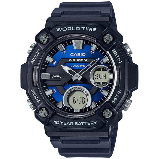 Men's 100m World Time AnaDigi Wrist Watch, AEQ-120W-2AVDF