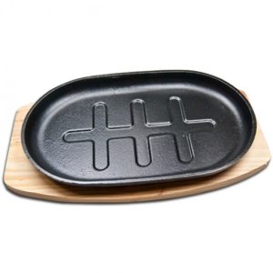 Cast Iron Steak Platter On Wooden Board, 28cm