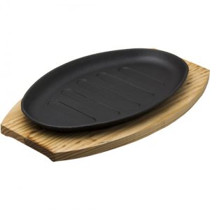 Cast Iron Steak Platter On Wooden Board, 27cm