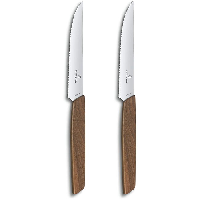 Swiss Modern Serrated Steak Knife Set With Walnut Wood Handles